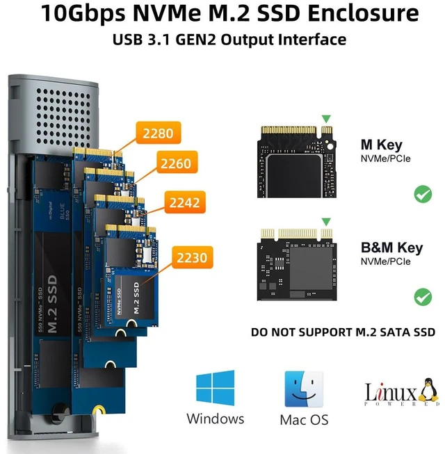 Alt view image 10 of 14 - MAIWO M.2 NVMe SSD Enclosure, USB 3.1 GEN2 10Gbps Support UASP Trim, 4TB Capacity, Tool Free M.2 NVMe PCIe SSD to USB-C Adapter Reader Case, Supports 2230/2242/2260/2280 PCIe M-Key SSDs
