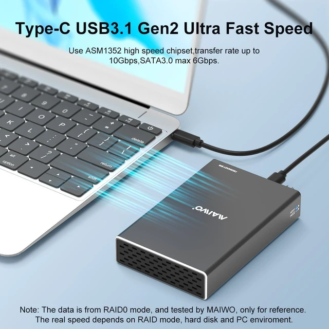 Alt view image 8 of 13 - MAIWO Dual Bay USB3.1 Gen 2 USB Type C to SATA External Hard Drive Enclosure for 2.5 inch HDD/SSD Max 12TB (2 x 6TB SSD) Aluminum Alloy 2.5" SATA RAID Case Enclosure Support RAID 0/1/Large/Normal Mode