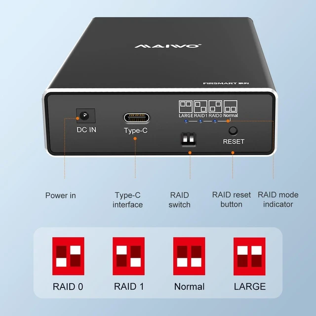 Alt view image 11 of 13 - MAIWO Dual Bay USB3.1 Gen 2 USB Type C to SATA External Hard Drive Enclosure for 2.5 inch HDD/SSD Max 12TB (2 x 6TB SSD) Aluminum Alloy 2.5" SATA RAID Case Enclosure Support RAID 0/1/Large/Normal Mode