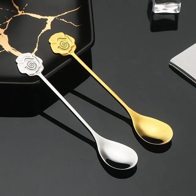 Alt view image 3 of 5 - Rose-Shaped Coffee Spoons 10-Piece Gold Stainless Steel Set; Elegant and Durable Cutlery Suitable for Desserts, Tea, Ice Cream, Cafés, and Bars.