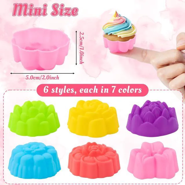 Alt view image 3 of 7 - Mini Silicone Cupcake Molds, Multicolored Flower-Shaped Baking Cups | Reusable & Non-Stick; Oven, Dishwasher, and Microwave Safe; Perfect for Donuts, Muffins, Puddings, and Various Desserts; 2-Inch, P