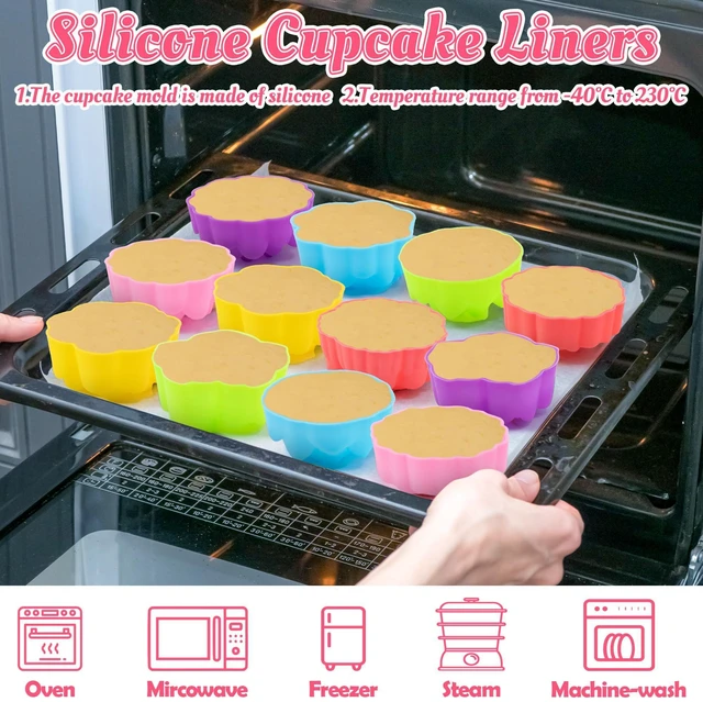 Alt view image 4 of 7 - Mini Silicone Cupcake Molds, Multicolored Flower-Shaped Baking Cups | Reusable & Non-Stick; Oven, Dishwasher, and Microwave Safe; Perfect for Donuts, Muffins, Puddings, and Various Desserts; 2-Inch, P