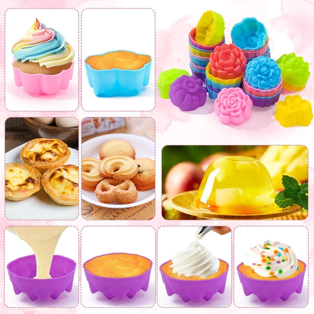 Alt view image 5 of 7 - Mini Silicone Cupcake Molds, Multicolored Flower-Shaped Baking Cups | Reusable & Non-Stick; Oven, Dishwasher, and Microwave Safe; Perfect for Donuts, Muffins, Puddings, and Various Desserts; 2-Inch, P