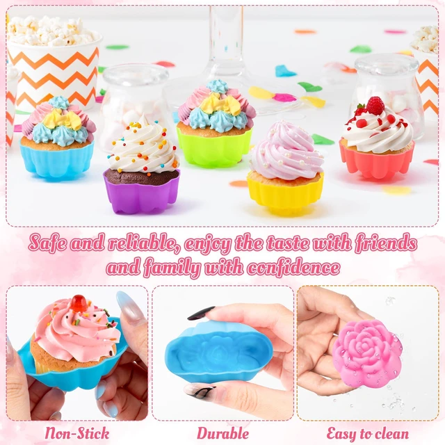 Alt view image 6 of 7 - Mini Silicone Cupcake Molds, Multicolored Flower-Shaped Baking Cups | Reusable & Non-Stick; Oven, Dishwasher, and Microwave Safe; Perfect for Donuts, Muffins, Puddings, and Various Desserts; 2-Inch, P