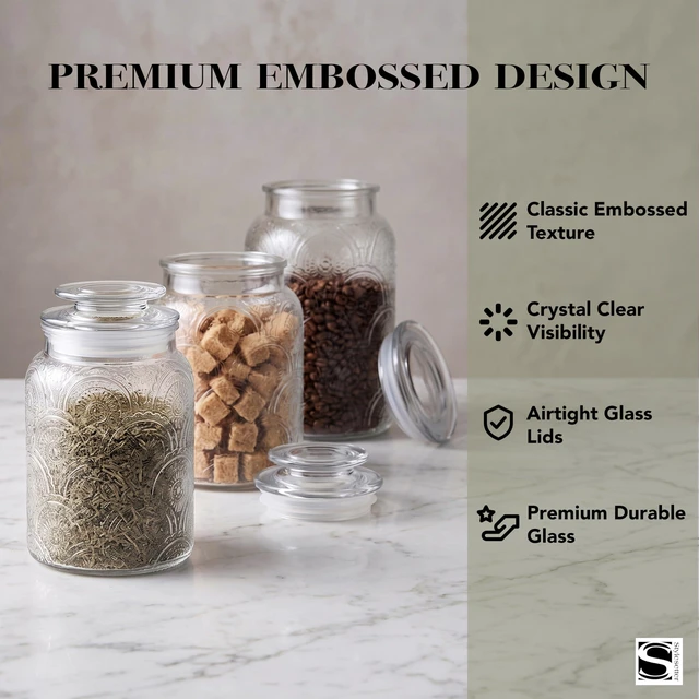 Alt view image 2 of 7 - A three-piece set of glass storage jars (with capacities of 34 oz, 44 oz, and 54 oz) featuring vintage-style lids, suitable for storing a variety of foods such as cookies, candy, coffee, flour, sugar,