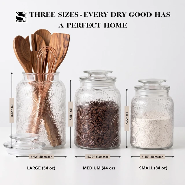 Alt view image 3 of 7 - A three-piece set of glass storage jars (with capacities of 34 oz, 44 oz, and 54 oz) featuring vintage-style lids, suitable for storing a variety of foods such as cookies, candy, coffee, flour, sugar,