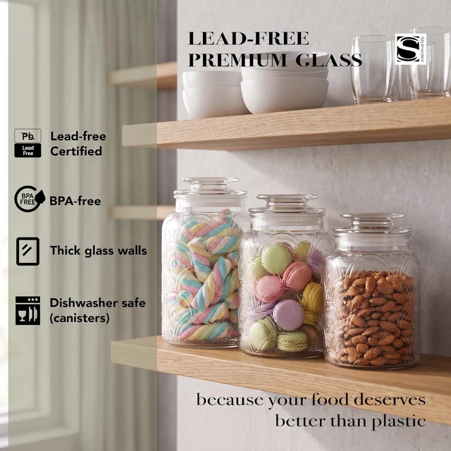 Alt view image 4 of 7 - A three-piece set of glass storage jars (with capacities of 34 oz, 44 oz, and 54 oz) featuring vintage-style lids, suitable for storing a variety of foods such as cookies, candy, coffee, flour, sugar,