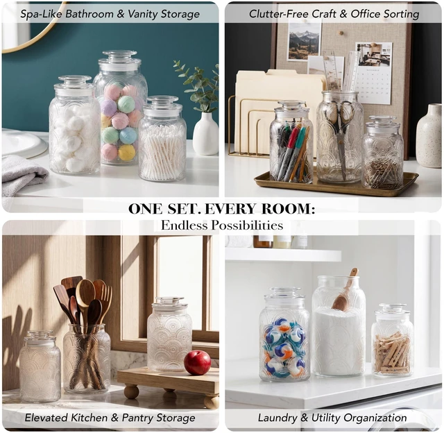 Alt view image 5 of 7 - A three-piece set of glass storage jars (with capacities of 34 oz, 44 oz, and 54 oz) featuring vintage-style lids, suitable for storing a variety of foods such as cookies, candy, coffee, flour, sugar,
