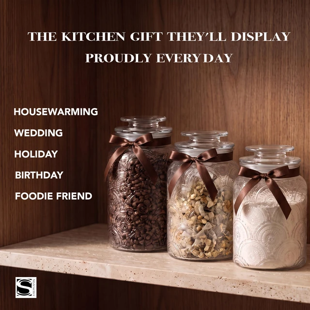 Alt view image 6 of 7 - A three-piece set of glass storage jars (with capacities of 34 oz, 44 oz, and 54 oz) featuring vintage-style lids, suitable for storing a variety of foods such as cookies, candy, coffee, flour, sugar,