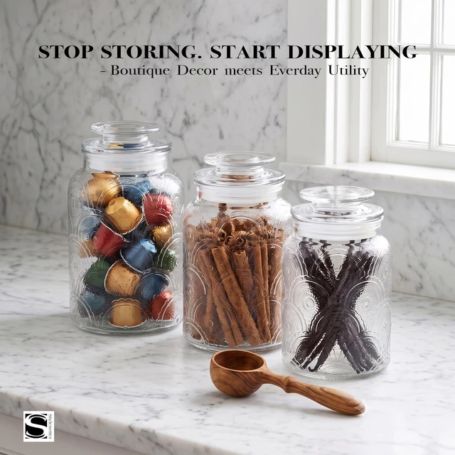 Alt view image 7 of 7 - A three-piece set of glass storage jars (with capacities of 34 oz, 44 oz, and 54 oz) featuring vintage-style lids, suitable for storing a variety of foods such as cookies, candy, coffee, flour, sugar,