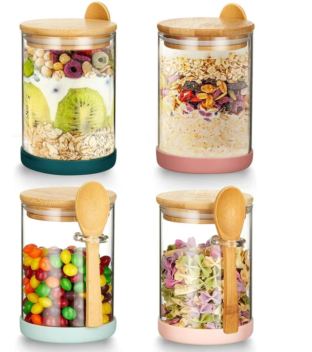Main image of 4-Piece Airtight Glass Jar Set (with Bamboo Lids and Spoons) 17 oz Borosilicate Glass Overnight Oats Jars / Clear Food Storage Canisters Suitable for Cookies, Candy, Coffee, Sugar, Matcha Powder,