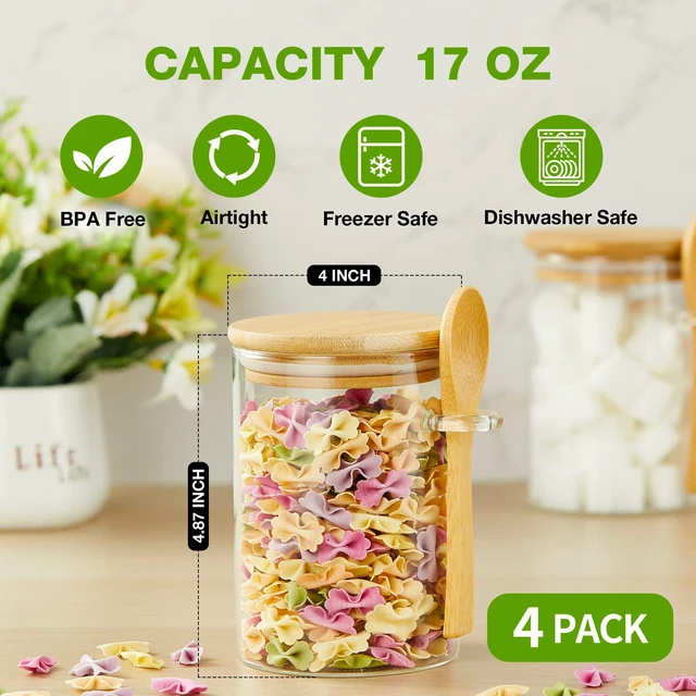 Alt view image 4 of 7 - 4-Piece Airtight Glass Jar Set (with Bamboo Lids and Spoons) 17 oz Borosilicate Glass Overnight Oats Jars / Clear Food Storage Canisters Suitable for Cookies, Candy, Coffee, Sugar, Matcha Powder,