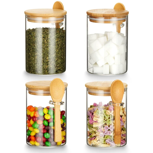 Alt view image 7 of 7 - 4-Piece Airtight Glass Jar Set (with Bamboo Lids and Spoons) 17 oz Borosilicate Glass Overnight Oats Jars / Clear Food Storage Canisters Suitable for Cookies, Candy, Coffee, Sugar, Matcha Powder,