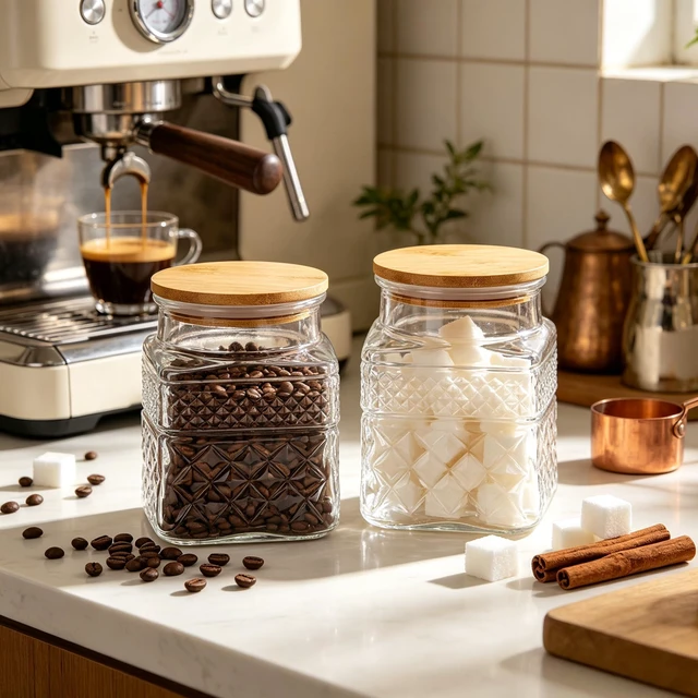 Alt view image 2 of 7 - 38 oz (approx. 1.1 L) Square Glass Storage Jar with Vintage Pattern and Airtight Lid | Suitable for storing sugar, cereal, nuts, candy, and more; features an airtight bamboo lid and thickened glass co