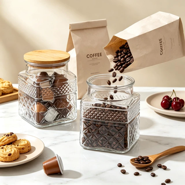 Alt view image 3 of 7 - 38 oz (approx. 1.1 L) Square Glass Storage Jar with Vintage Pattern and Airtight Lid | Suitable for storing sugar, cereal, nuts, candy, and more; features an airtight bamboo lid and thickened glass co