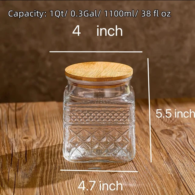 Alt view image 6 of 7 - 38 oz (approx. 1.1 L) Square Glass Storage Jar with Vintage Pattern and Airtight Lid | Suitable for storing sugar, cereal, nuts, candy, and more; features an airtight bamboo lid and thickened glass co