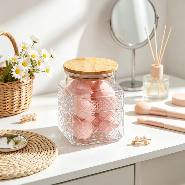 Alt view image 7 of 7 - 38 oz (approx. 1.1 L) Square Glass Storage Jar with Vintage Pattern and Airtight Lid | Suitable for storing sugar, cereal, nuts, candy, and more; features an airtight bamboo lid and thickened glass co