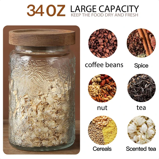 Alt view image 3 of 7 - Vintage-Style Airtight Glass Canisters with Lids Candy/Coffee/Food Storage Set | 34 oz Decorative Storage Jars (Set of 2) with Silicone-Sealed Bamboo Lids; Made from Thick, BPA-Free Glass Ideal fo