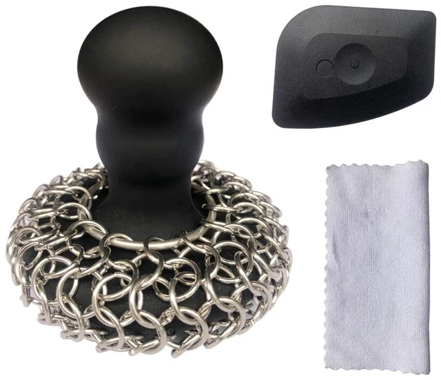 Main image of Upgraded Stainless Steel Chainmail Scrubber with Silicone Handle The Ultimate Tool for Cleaning Cast Iron Cookware; Set Includes: Chainmail Scrubber + Cleaning Scraper + Cleaning Cloth (Black)