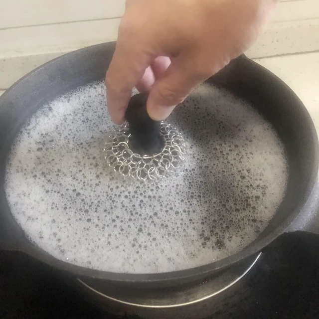 Alt view image 2 of 6 - Upgraded Stainless Steel Chainmail Scrubber with Silicone Handle The Ultimate Tool for Cleaning Cast Iron Cookware; Set Includes: Chainmail Scrubber + Cleaning Scraper + Cleaning Cloth (Black)