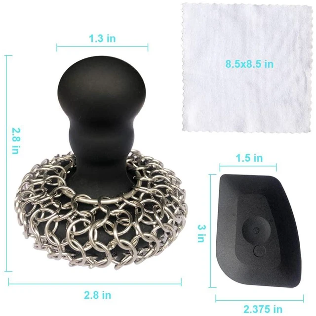 Alt view image 4 of 6 - Upgraded Stainless Steel Chainmail Scrubber with Silicone Handle The Ultimate Tool for Cleaning Cast Iron Cookware; Set Includes: Chainmail Scrubber + Cleaning Scraper + Cleaning Cloth (Black)