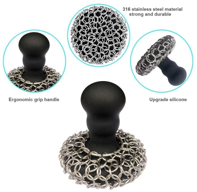 Alt view image 3 of 6 - Upgraded Stainless Steel Chainmail Scrubber with Silicone Handle The Ultimate Tool for Cleaning Cast Iron Cookware; Set Includes: Chainmail Scrubber + Cleaning Scraper + Cleaning Cloth (Black)