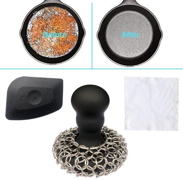 Alt view image 6 of 6 - Upgraded Stainless Steel Chainmail Scrubber with Silicone Handle The Ultimate Tool for Cleaning Cast Iron Cookware; Set Includes: Chainmail Scrubber + Cleaning Scraper + Cleaning Cloth (Black)