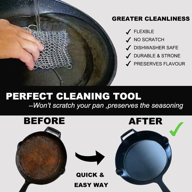 Alt view image 2 of 7 - Cast Iron Cleaner 6-inch Stainless Steel Chainmail Scrubber; Suitable for Cast Iron Pots, Skillets, Woks, Saucepans, and Dutch Ovens