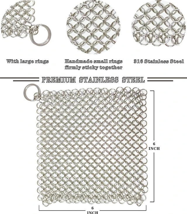 Alt view image 5 of 7 - Cast Iron Cleaner 6-inch Stainless Steel Chainmail Scrubber; Suitable for Cast Iron Pots, Skillets, Woks, Saucepans, and Dutch Ovens