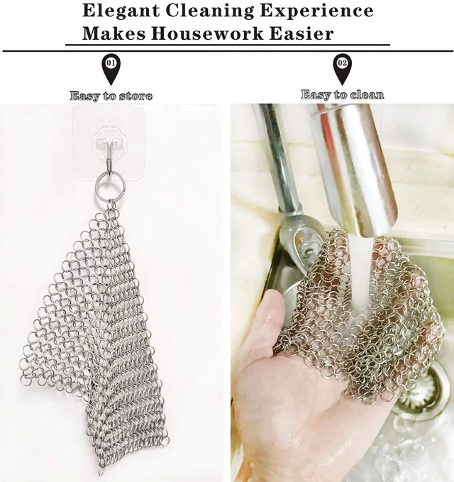 Alt view image 6 of 7 - Cast Iron Cleaner 6-inch Stainless Steel Chainmail Scrubber; Suitable for Cast Iron Pots, Skillets, Woks, Saucepans, and Dutch Ovens