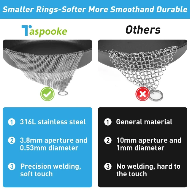 Alt view image 5 of 6 - Taspooke Cast Iron Cleaner and Chainmail Skillet Scrubber - Upgraded 3.8mm Small Ring, 316L Stainless Steel Fine Rings - Durable Scraper for Skillets, Pans, Griddles & Containers