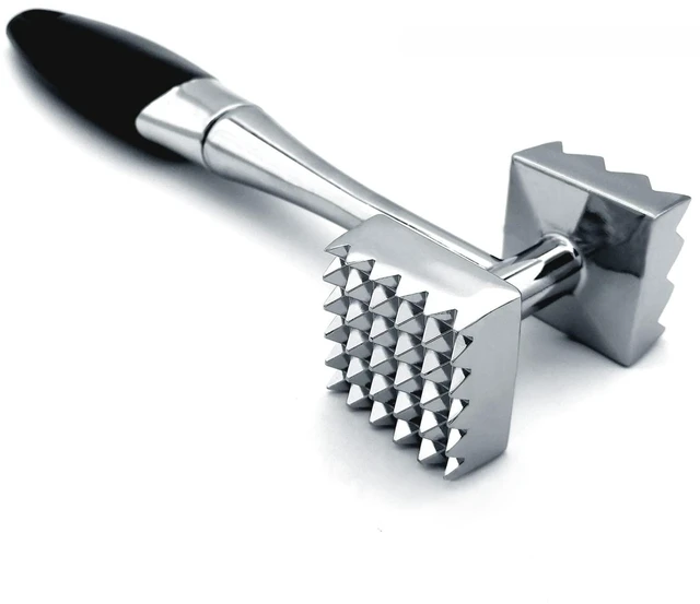 Main image of Double-sided spiked meat malletsuitable for steak, chicken, and fish; features a comfortable rubber handle and measures 8.8 inches in total length.