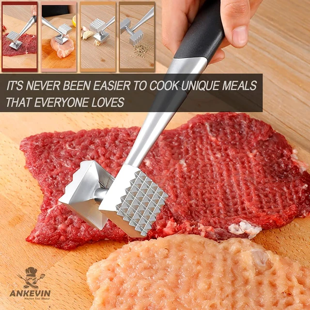 Alt view image 6 of 7 - Double-sided spiked meat malletsuitable for steak, chicken, and fish; features a comfortable rubber handle and measures 8.8 inches in total length.