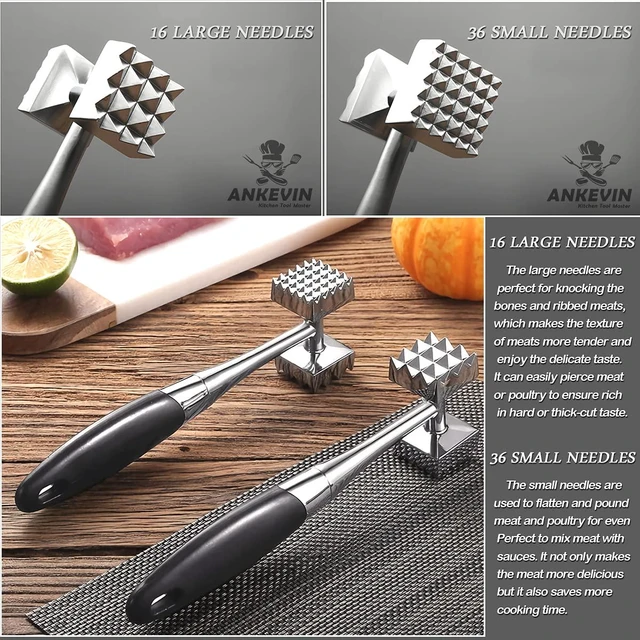 Alt view image 4 of 7 - Double-sided spiked meat malletsuitable for steak, chicken, and fish; features a comfortable rubber handle and measures 8.8 inches in total length.