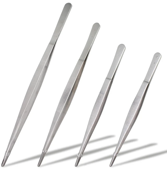 Main image of 4-Piece 304 Stainless Steel Tweezers Set (712 Inches, Straight & Serrated) | Blunt Rounded Tips Suitable for Cooking, Baking, Crafting, Aquariums, and Terrariums