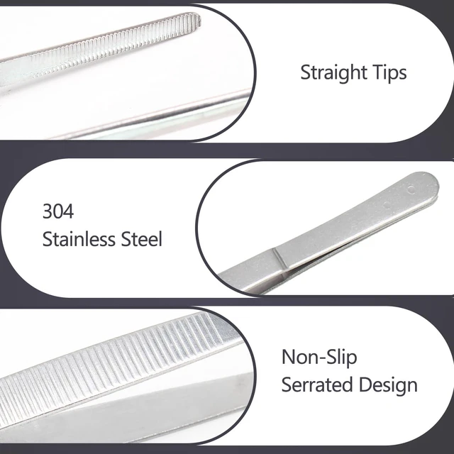 Alt view image 3 of 7 - 4-Piece 304 Stainless Steel Tweezers Set (712 Inches, Straight & Serrated) | Blunt Rounded Tips Suitable for Cooking, Baking, Crafting, Aquariums, and Terrariums