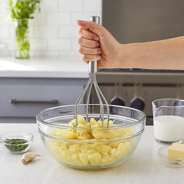 Alt view image 2 of 6 - This 2-in-1 multifunctional potato masher is made of 18/8 stainless steel and is suitable for potatoes, vegetables, fruits, guacamole, baby food, and eggs.