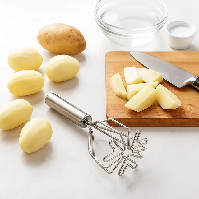Alt view image 4 of 6 - This 2-in-1 multifunctional potato masher is made of 18/8 stainless steel and is suitable for potatoes, vegetables, fruits, guacamole, baby food, and eggs.