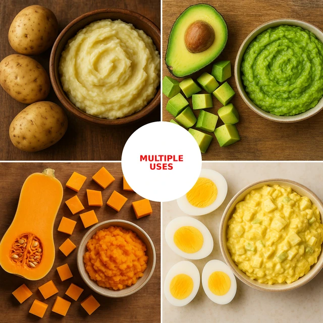 Alt view image 3 of 6 - This 2-in-1 multifunctional potato masher is made of 18/8 stainless steel and is suitable for potatoes, vegetables, fruits, guacamole, baby food, and eggs.