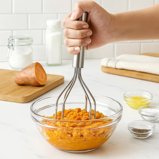 Alt view image 5 of 6 - This 2-in-1 multifunctional potato masher is made of 18/8 stainless steel and is suitable for potatoes, vegetables, fruits, guacamole, baby food, and eggs.