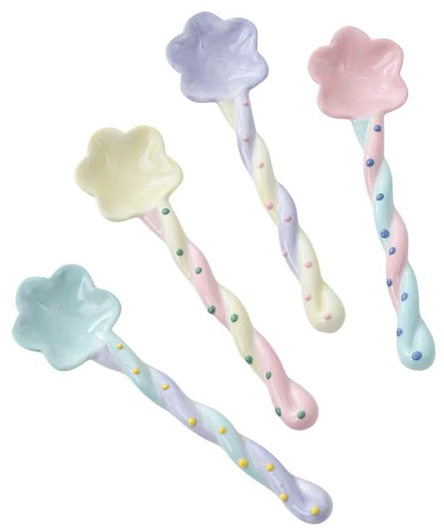 Main image of 4-Piece Set Vintage Ceramic Afternoon Tea/Coffee Stirring Spoon, Floral Relief & Beaded Dessert Spoon, Handmade Long-Handled Coffee/Loose-Leaf Tea Spoon; Dimensions: 5.9 x 1.5 inches (15 x 4 cm)