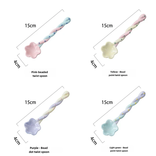Alt view image 2 of 7 - 4-Piece Set Vintage Ceramic Afternoon Tea/Coffee Stirring Spoon, Floral Relief & Beaded Dessert Spoon, Handmade Long-Handled Coffee/Loose-Leaf Tea Spoon; Dimensions: 5.9 x 1.5 inches (15 x 4 cm)