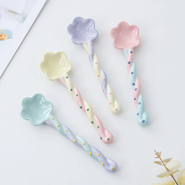 Alt view image 3 of 7 - 4-Piece Set Vintage Ceramic Afternoon Tea/Coffee Stirring Spoon, Floral Relief & Beaded Dessert Spoon, Handmade Long-Handled Coffee/Loose-Leaf Tea Spoon; Dimensions: 5.9 x 1.5 inches (15 x 4 cm)