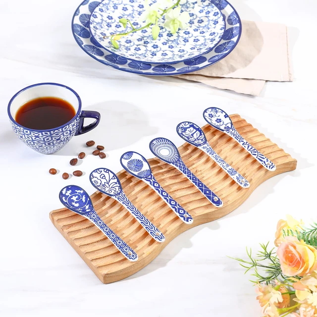 Alt view image 4 of 6 - 5.2-inch ceramic coffee spoon (set of 6, vintage blue) suitable for espresso, tea, desserts, and stirring; dishwasher and microwave safe.