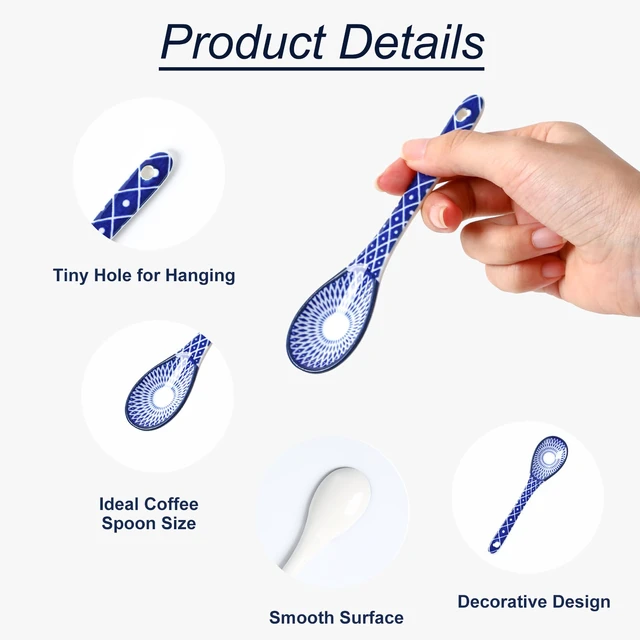 Alt view image 5 of 6 - 5.2-inch ceramic coffee spoon (set of 6, vintage blue) suitable for espresso, tea, desserts, and stirring; dishwasher and microwave safe.