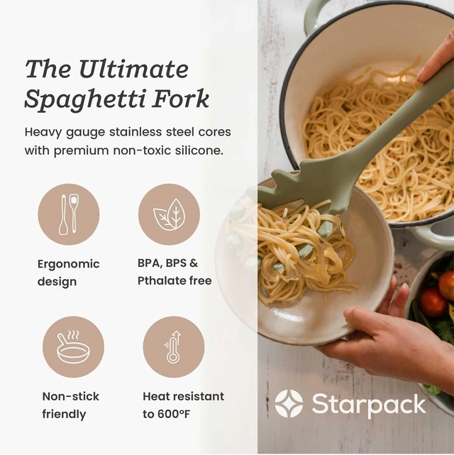 Alt view image 2 of 7 - Premium Silicone Pasta Fork (13.5 Inches) Heat-Resistant (up to 600°F) Pasta Spoon/Colander Toothed Pasta Server/Serving Spoon
