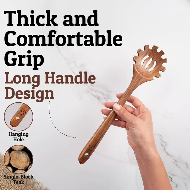 Alt view image 3 of 7 - Premium Wooden Pasta Server Handcrafted Teak Pasta Server with Teeth Durable Wooden Pasta Utensil Wooden Pasta Fork-Spoon for Serving