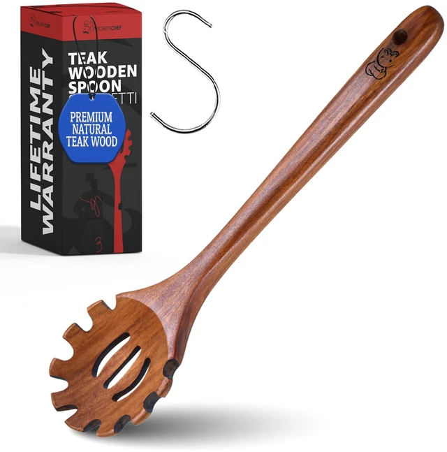 Main image of Premium Wooden Pasta Server Handcrafted Teak Pasta Server with Teeth Durable Wooden Pasta Utensil Wooden Pasta Fork-Spoon for Serving
