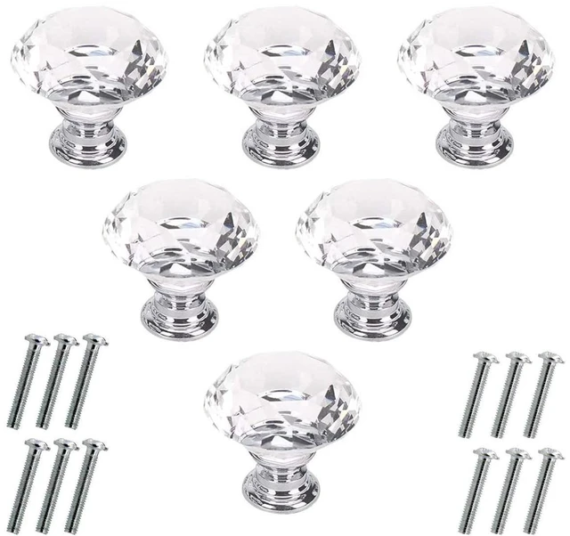 Main image of 6 Pcs Crystal Glass Cabinet Knobs 30mm Diamond Shape Drawer Kitchen Cabinets Dresser Cupboard Wardrobe Pulls Handles (30mm, Clear)