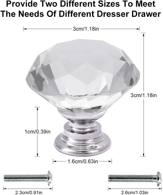 Alt view image 2 of 5 - 6 Pcs Crystal Glass Cabinet Knobs 30mm Diamond Shape Drawer Kitchen Cabinets Dresser Cupboard Wardrobe Pulls Handles (30mm, Clear)